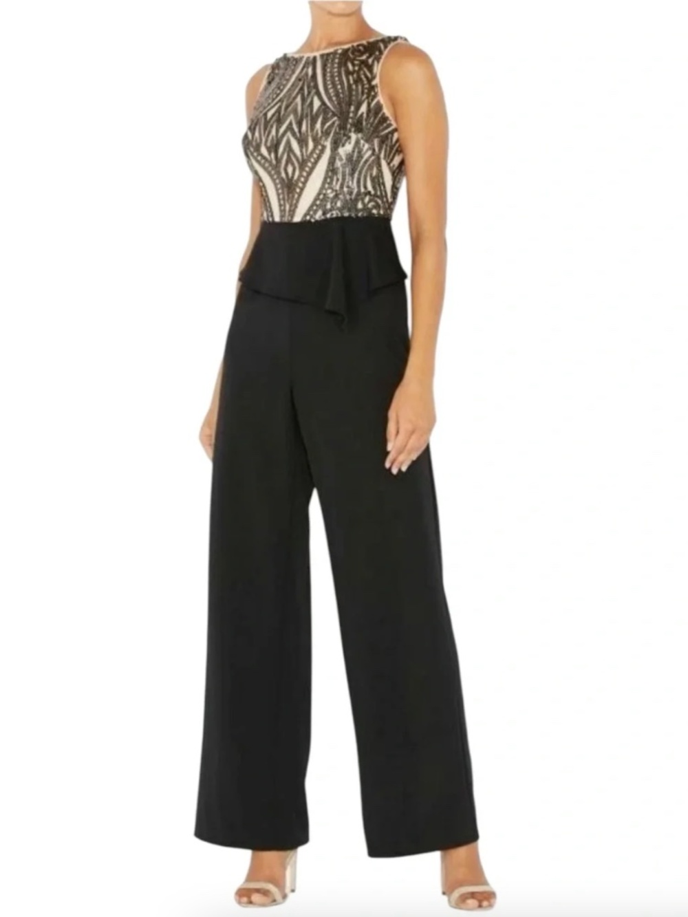 Adrianna Papell Sequin Wide Leg Jumpsuit Black Gold Women’s Size 8